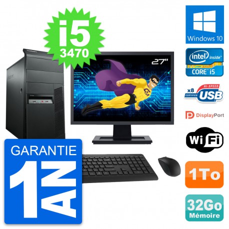 PC Tour Lenovo M92p Ecran 27" Intel i5-3470 RAM 32Go Disque 1To Windows 10 Wifi