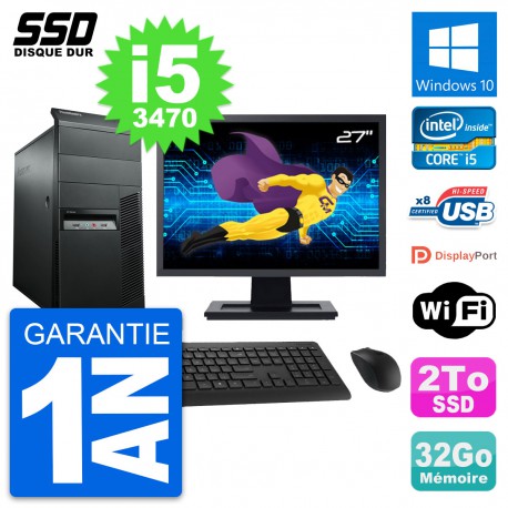 PC Tour Lenovo M92p Ecran 27" Intel i5-3470 RAM 32Go SSD 2To Windows 10 Wifi