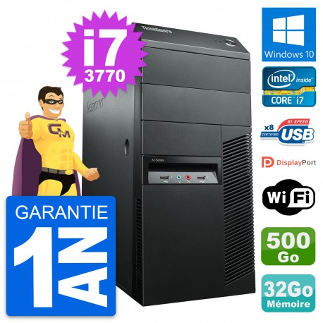 PC Tour Lenovo ThinkCentre M92p i7-3770 RAM 32Go Disque 500Go Windows 10 Wifi