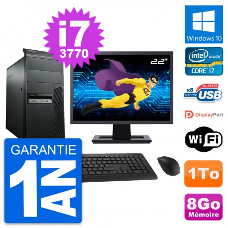 PC Tour Lenovo M92p Ecran 22" Intel i7-3770 RAM 8Go Disque 1To Windows 10 Wifi