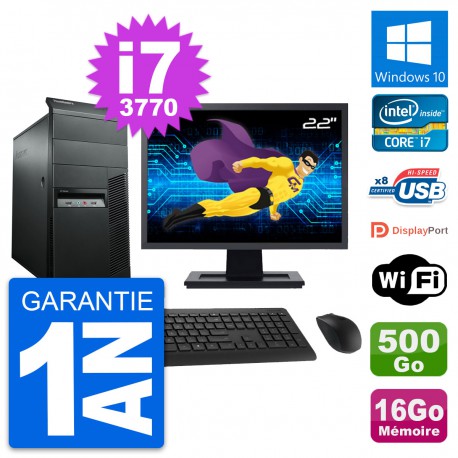PC Tour Lenovo M92p Ecran 22" Core i7-3770 RAM 16Go Disque 500Go Windows 10 Wifi