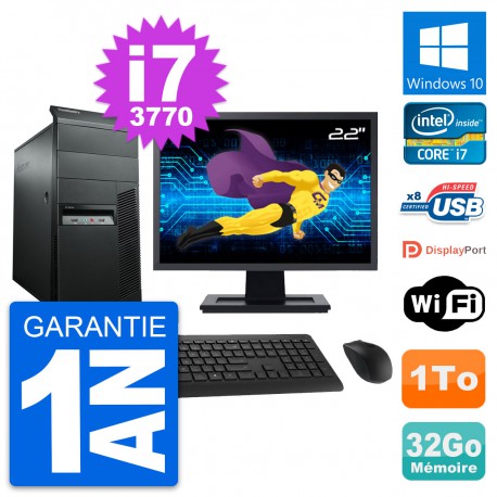 PC Tour Lenovo M92p Ecran 22" Intel i7-3770 RAM 32Go Disque 1To Windows 10 Wifi