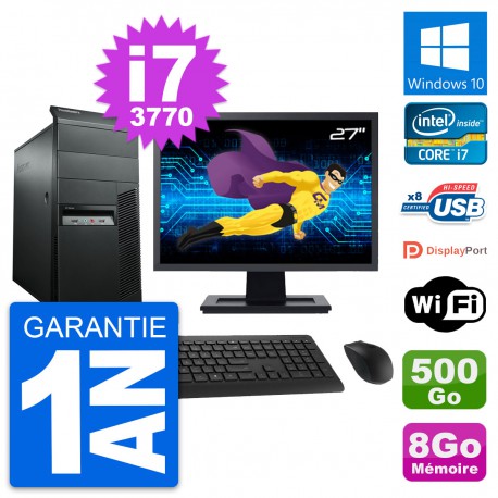 PC Tour Lenovo M92p Ecran 27" Intel i7-3770 RAM 8Go Disque 500Go Windows 10 Wifi