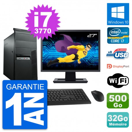 PC Tour Lenovo M92p Ecran 27" Core i7-3770 RAM 32Go Disque 500Go Windows 10 Wifi