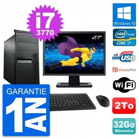 PC Tour Lenovo M92p Ecran 27" Intel i7-3770 RAM 32Go Disque 2To Windows 10 Wifi
