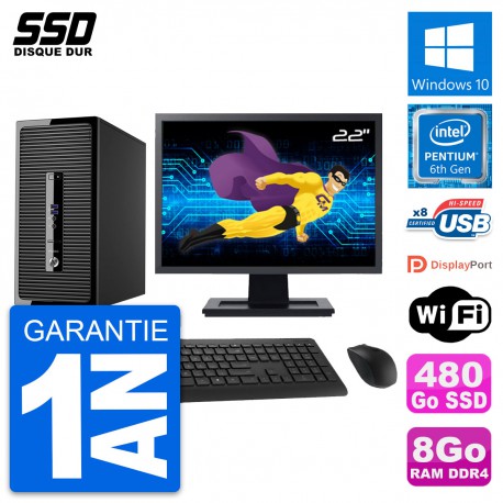 PC Tour HP 400 G3 MT Ecran 22" Pentium G4400 RAM 8Go SSD 480Go Windows 10 Wifi