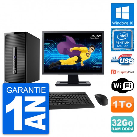 PC Tour HP 400 G3 MT Ecran 22" Pentium G4400 RAM 32Go Disque 1To Windows 10 Wifi
