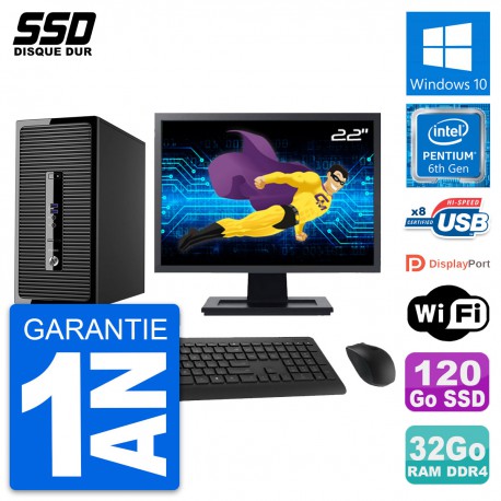 PC Tour HP 400 G3 MT Ecran 22" Pentium G4400 RAM 32Go SSD 120Go Windows 10 Wifi