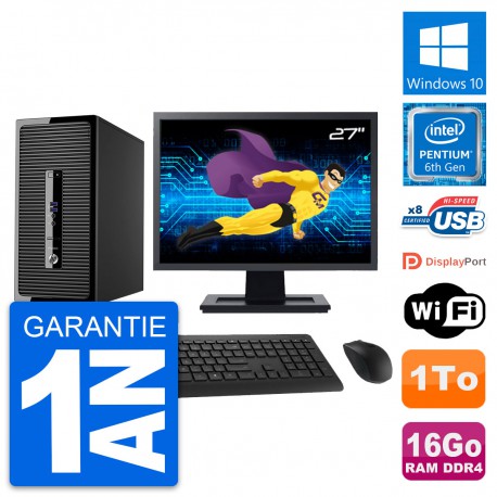 PC Tour HP 400 G3 MT Ecran 27" Pentium G4400 RAM 16Go Disque 1To Windows 10 Wifi