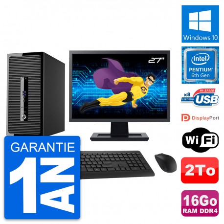 PC Tour HP 400 G3 MT Ecran 27" Pentium G4400 RAM 16Go Disque 2To Windows 10 Wifi