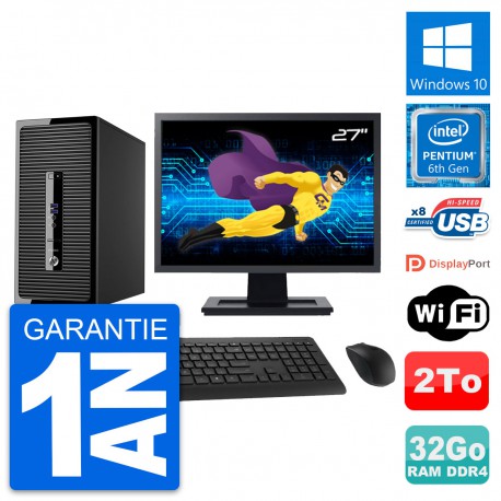 PC Tour HP 400 G3 MT Ecran 27" Pentium G4400 RAM 32Go Disque 2To Windows 10 Wifi