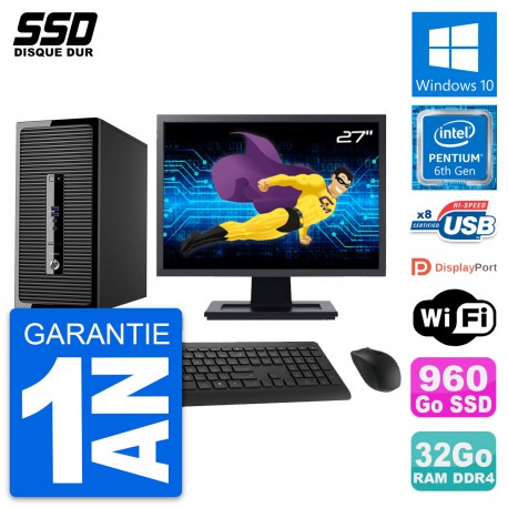 PC Tour HP 400 G3 MT Ecran 27" Pentium G4400 RAM 32Go SSD 960Go Windows 10 Wifi