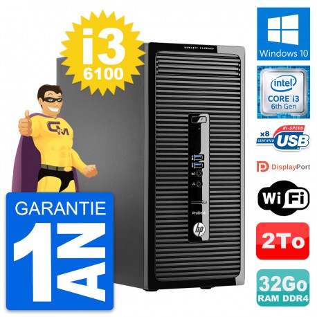 PC Tour HP ProDesk 400 G3 MT Intel i3-6100 RAM 32Go Disque 2To Windows 10 Wifi
