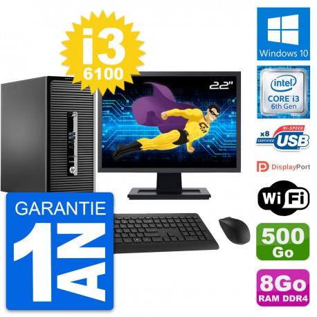 PC Tour HP 400 G3 MT Ecran 22" Core i3-6100 RAM 8Go Disque 500Go Windows 10 Wifi