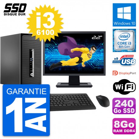 PC Tour HP 400 G3 MT Ecran 22" Intel i3-6100 RAM 8Go SSD 240Go Windows 10 Wifi