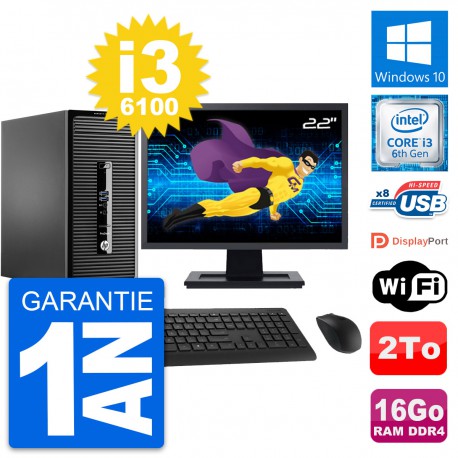 PC Tour HP 400 G3 MT Ecran 22" Intel i3-6100 RAM 16Go Disque 2To Windows 10 Wifi