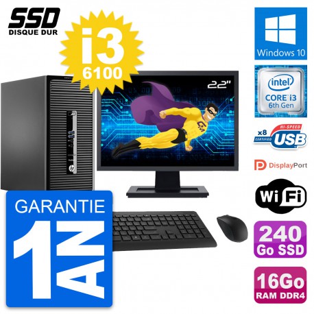 PC Tour HP 400 G3 MT Ecran 22" Intel i3-6100 RAM 16Go SSD 240Go Windows 10 Wifi