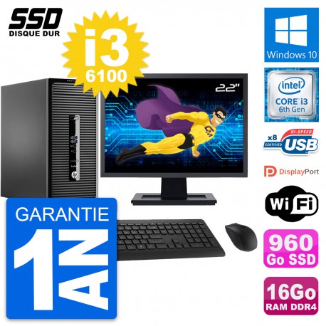 PC Tour HP 400 G3 MT Ecran 22" Intel i3-6100 RAM 16Go SSD 960Go Windows 10 Wifi