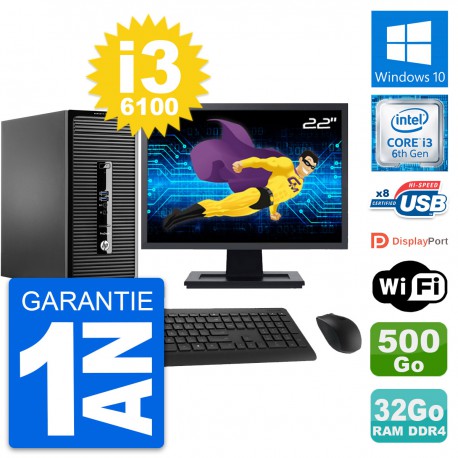 PC Tour HP 400 G3 MT Ecran 22" i3-6100 RAM 32Go Disque Dur 500Go Windows 10 Wifi