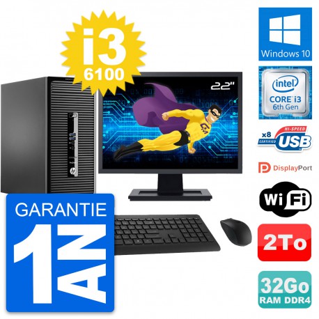 PC Tour HP 400 G3 MT Ecran 22" Intel i3-6100 RAM 32Go Disque 2To Windows 10 Wifi