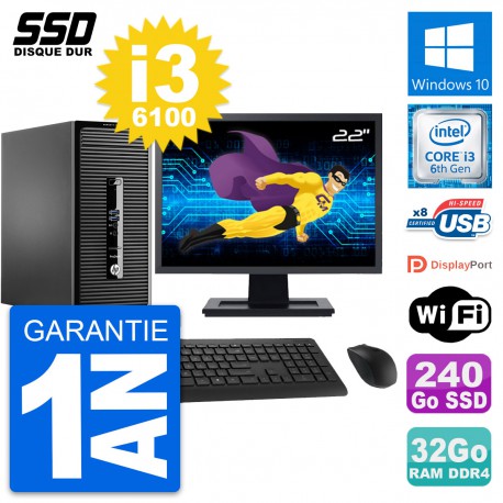 PC Tour HP 400 G3 MT Ecran 22" Intel i3-6100 RAM 32Go SSD 240Go Windows 10 Wifi