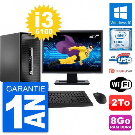 PC Tour HP 400 G3 MT Ecran 27" Intel i3-6100 RAM 8Go Disque 2To Windows 10 Wifi