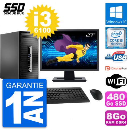 PC Tour HP 400 G3 MT Ecran 27" Intel i3-6100 RAM 8Go SSD 480Go Windows 10 Wifi