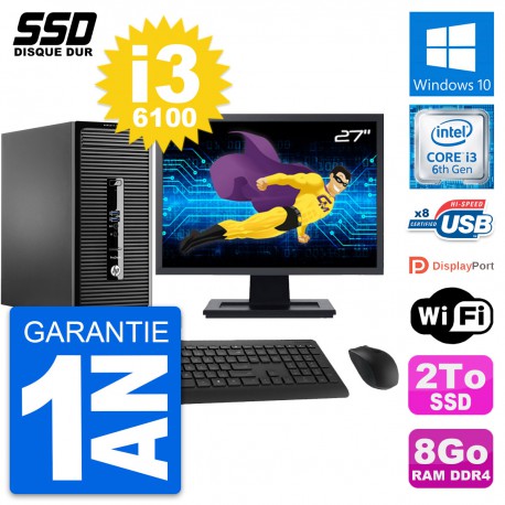 PC Tour HP ProDesk 400 G3 MT Ecran 27" i3-6100 RAM 8Go SSD 2To Windows 10 Wifi