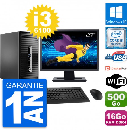 PC Tour HP 400 G3 MT Ecran 27" i3-6100 RAM 16Go Disque Dur 500Go Windows 10 Wifi