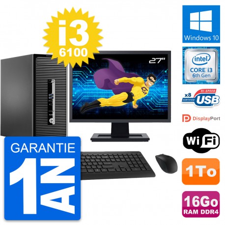 PC Tour HP 400 G3 MT Ecran 27" Intel i3-6100 RAM 16Go Disque 1To Windows 10 Wifi