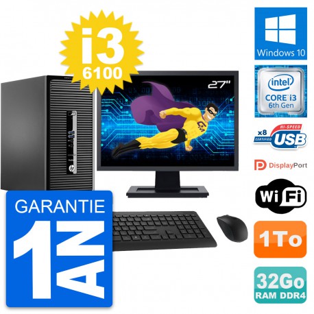 PC Tour HP 400 G3 MT Ecran 27" Intel i3-6100 RAM 32Go Disque 1To Windows 10 Wifi