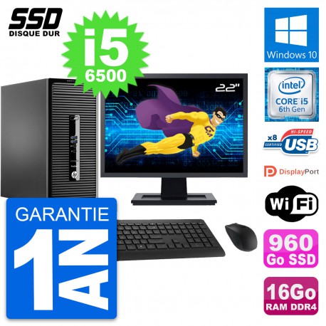PC Tour HP 400 G3 MT Ecran 22" Intel i5-6500 RAM 16Go SSD 960Go Windows 10 Wifi