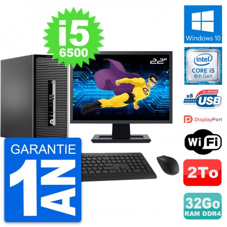 PC Tour HP 400 G3 MT Ecran 22" Intel i5-6500 RAM 32Go Disque 2To Windows 10 Wifi