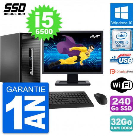 PC Tour HP 400 G3 MT Ecran 22" Intel i5-6500 RAM 32Go SSD 240Go Windows 10 Wifi