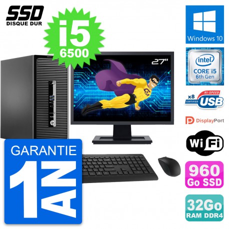PC Tour HP 400 G3 MT Ecran 27" Intel i5-6500 RAM 32Go SSD 960Go Windows 10 Wifi