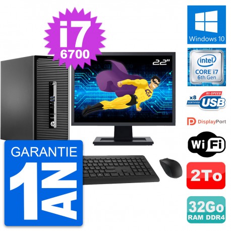 PC Tour HP 400 G3 MT Ecran 22" Intel i7-6700 RAM 32Go Disque 2To Windows 10 Wifi