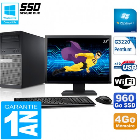 PC Tour DELL 9020 Intel G3220 Ram 4Go Disque 960 Go SSD Wifi W7 Ecran 22"