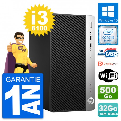 PC Tour HP ProDesk 400 G4 MT Intel i3-6100 RAM 32Go Disque 500Go Windows 10 Wifi