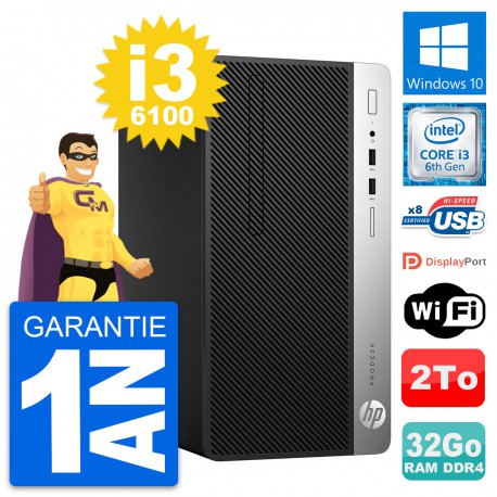 PC Tour HP ProDesk 400 G4 MT Intel i3-6100 RAM 32Go Disque 2To Windows 10 Wifi