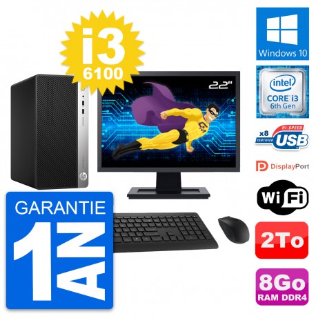 PC Tour HP 400 G4 MT Ecran 22" Intel i3-6100 RAM 8Go Disque 2To Windows 10 Wifi