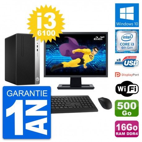 PC Tour HP 400 G4 MT Ecran 22" i3-6100 RAM 16Go Disque Dur 500Go Windows 10 Wifi