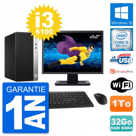 PC Tour HP 400 G4 MT Ecran 22" Intel i3-6100 RAM 32Go Disque 1To Windows 10 Wifi