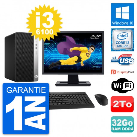 PC Tour HP 400 G4 MT Ecran 22" Intel i3-6100 RAM 32Go Disque 2To Windows 10 Wifi
