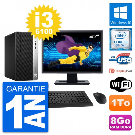 PC Tour HP 400 G4 MT Ecran 27" Intel i3-6100 RAM 8Go Disque 1To Windows 10 Wifi