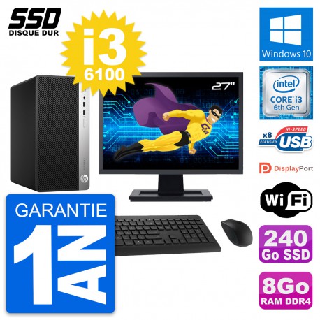 PC Tour HP 400 G4 MT Ecran 27" Intel i3-6100 RAM 8Go SSD 240Go Windows 10 Wifi