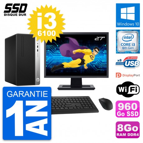 PC Tour HP 400 G4 MT Ecran 27" Intel i3-6100 RAM 8Go SSD 960Go Windows 10 Wifi