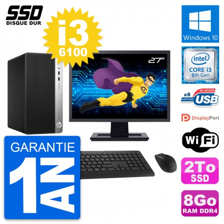 PC Tour HP ProDesk 400 G4 MT Ecran 27" i3-6100 RAM 8Go SSD 2To Windows 10 Wifi