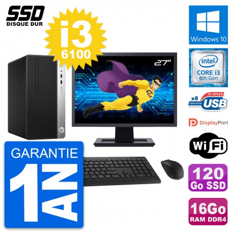 PC Tour HP 400 G4 MT Ecran 27" Intel i3-6100 RAM 16Go SSD 120Go Windows 10 Wifi