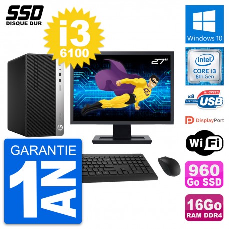 PC Tour HP 400 G4 MT Ecran 27" Intel i3-6100 RAM 16Go SSD 960Go Windows 10 Wifi