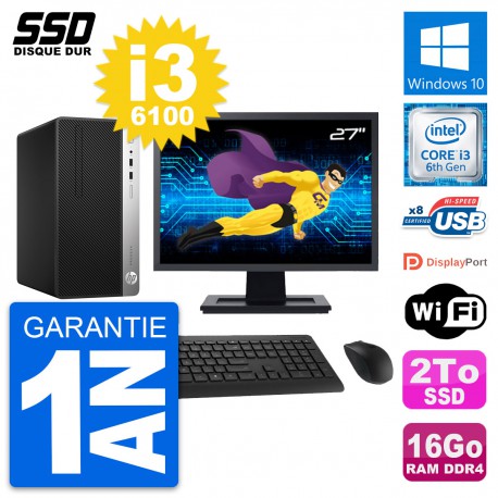 PC Tour HP ProDesk 400 G4 MT Ecran 27" i3-6100 RAM 16Go SSD 2To Windows 10 Wifi